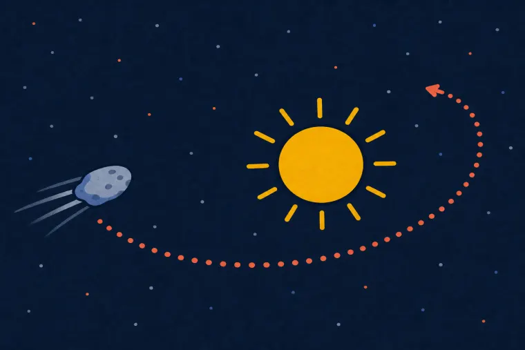 A comet follows a curved dotted path around the glowing Sun across empty space.