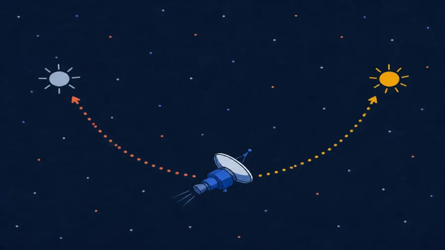 A faraway blue probe sits between a distant gold Sun and a nearer pale star, with dotted pulls toward both.