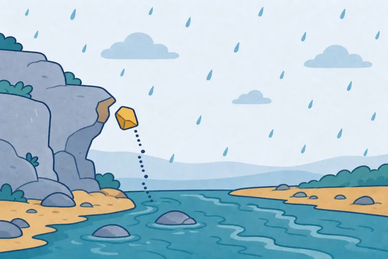 A sharp tan chip breaks from a rocky cliff and drops into a teal stream.