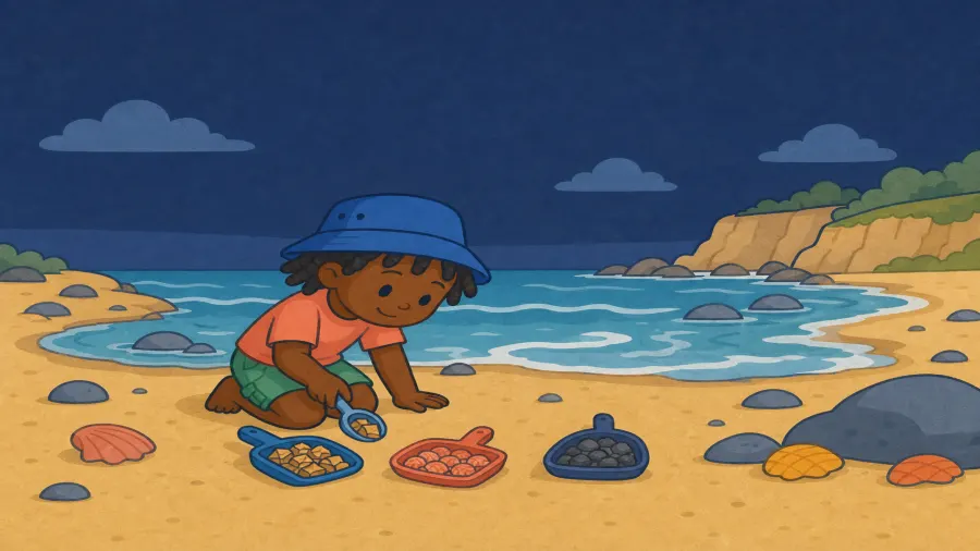 The same child compares scoops of tan rock grains, pink shell grains, and dark volcanic grains beside the sea.