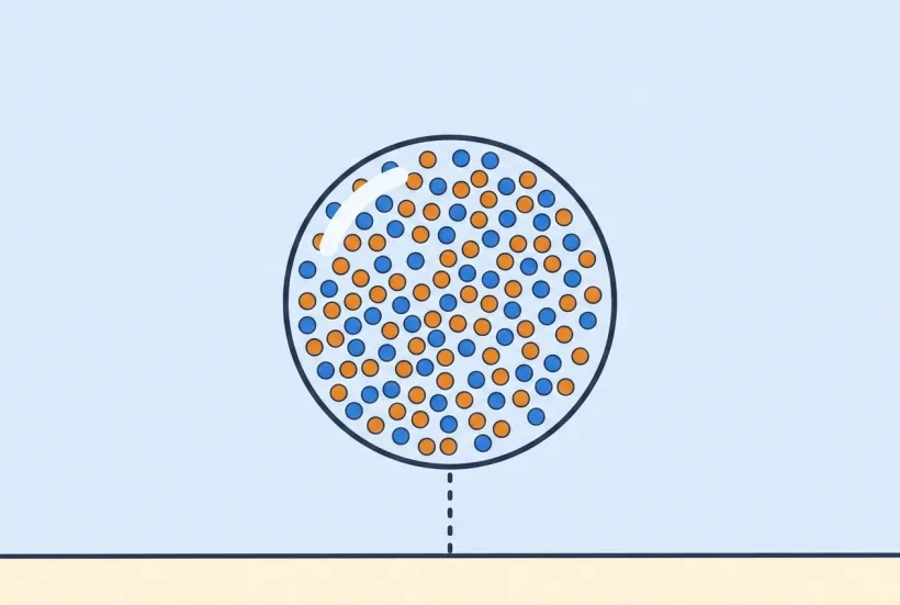 A magnifying bubble zooms into ordinary matter to reveal it is packed with tiny blue and orange charge dots mixed evenly together.