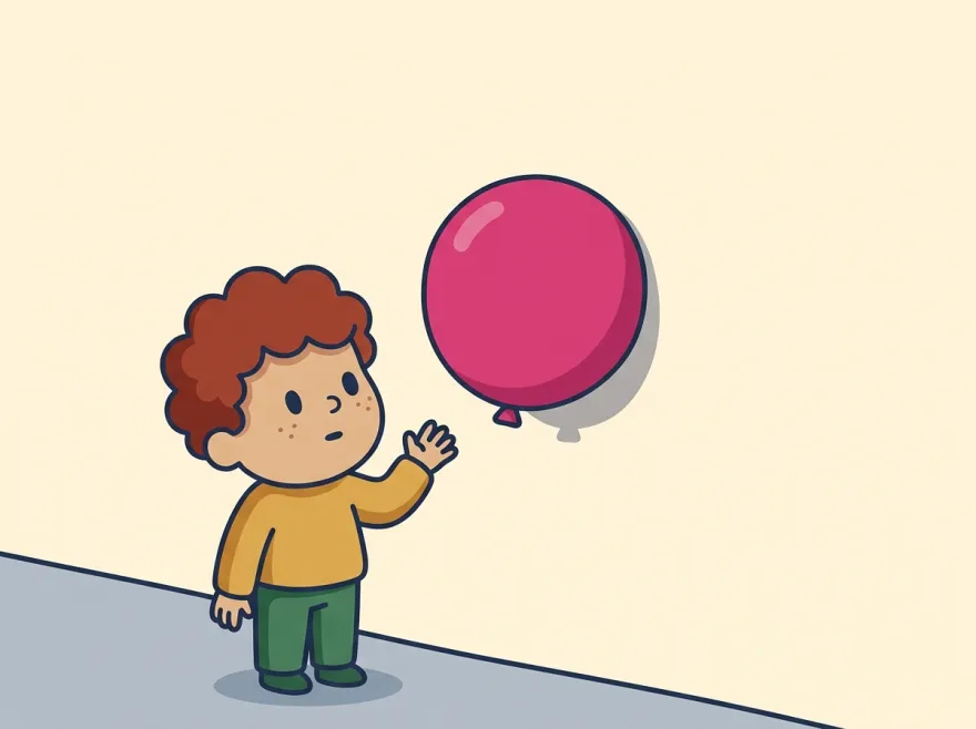 A curious kid in a mustard sweater lifts a hand away and looks up at a magenta balloon clinging by itself flat against a plain cream wall, nothing holding it up.