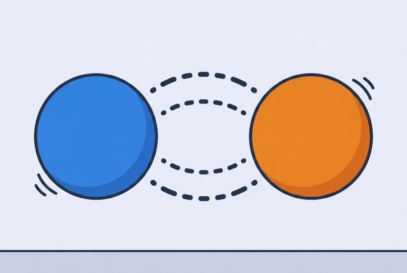 A single blue charge on the left and a single orange charge on the right lean toward each other, drawn together by dotted arc paths across the empty gap.