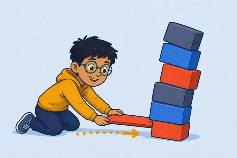 A child slides a small board beneath a leaning stack of blocks before it can topple.