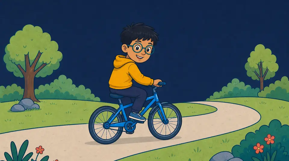 The same child rides a blue bicycle calmly along the park path with both hands lightly on the bars.