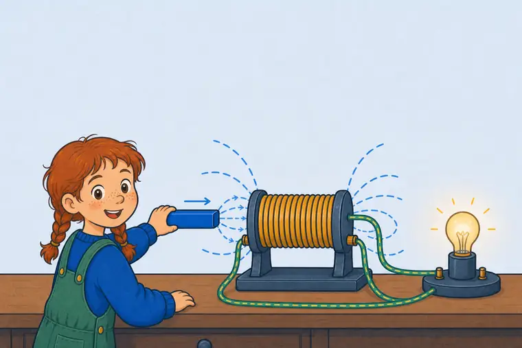 A child watches broad blue magnetic loops pass through a copper coil as the magnet changes position.