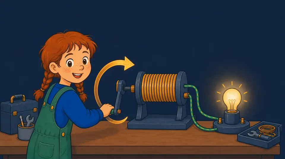 The same child grips and turns a visible hand crank beside a bold circular arrow while the connected lamp glows.