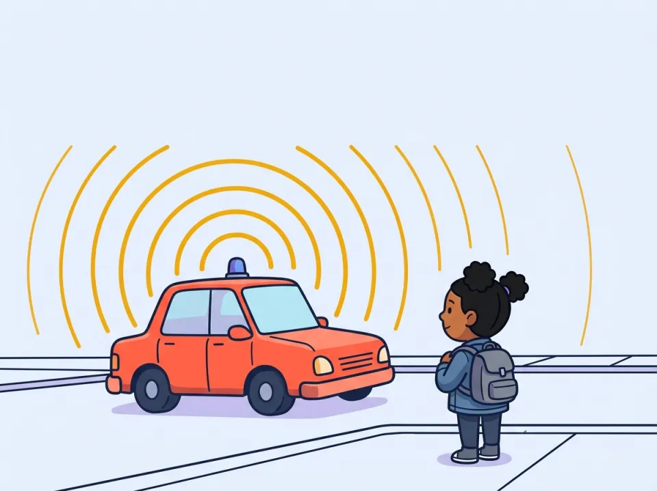 A kid with puff-buns and a denim jacket stands on a city sidewalk watching a coral police car drive toward them while amber sound ripples spread out through the open sky.