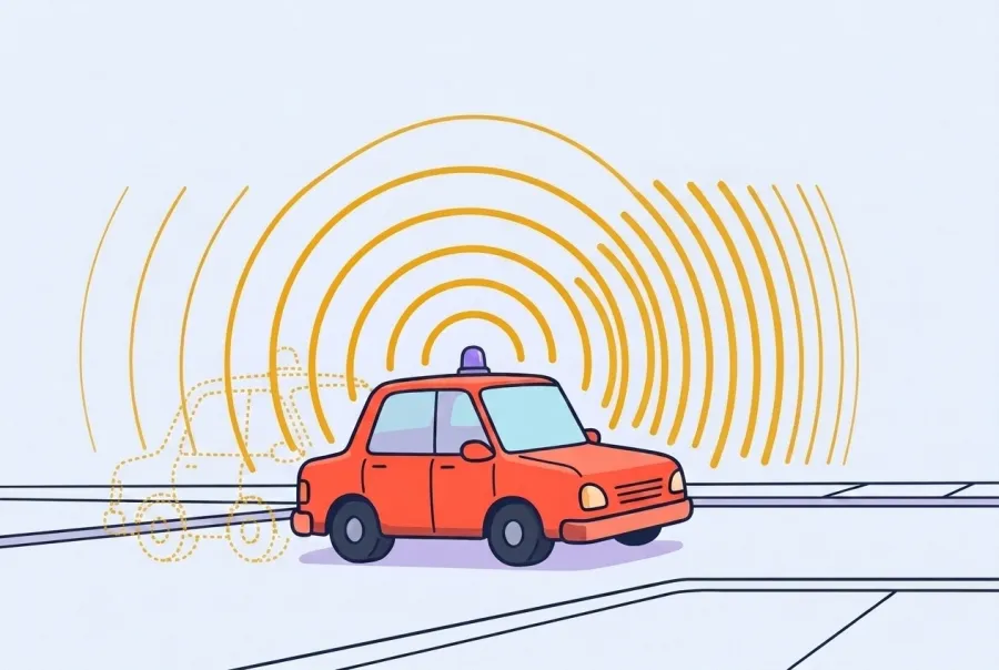 A coral police car drives to the right, its amber sound ripples crowded close together in front of it and stretched far apart behind it, with a dotted trail showing where it came from.