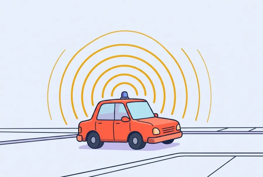 A parked coral police car in the street sends amber sound ripples spreading outward in even, equally spaced rings in every direction at once.