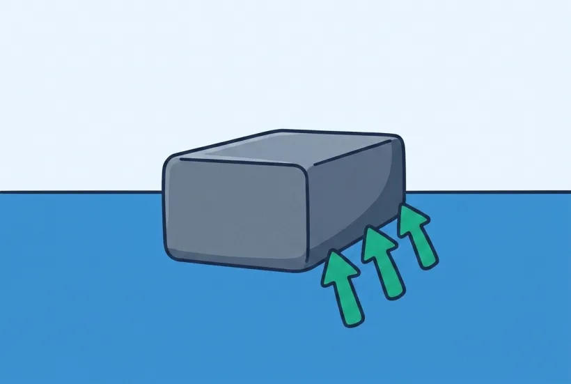 A chunky grey steel block is pushed just under a blue water surface while three green arrows press up on its underside, showing the water shoving back.