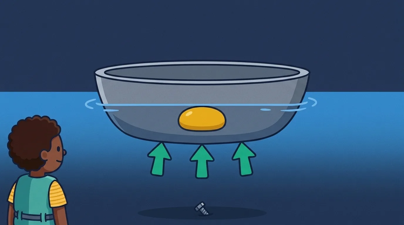 At dusk a child on a dock watches a wide hollow steel boat float, cradling a glowing gold air pocket, with green arrows pushing up beneath it while a tiny steel bolt rests sunk on the seabed below.