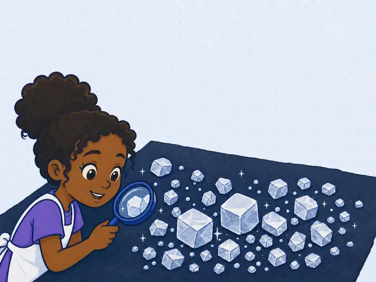 A child peers through a magnifier at sparkling salt grains with crisp little facets on dark paper.