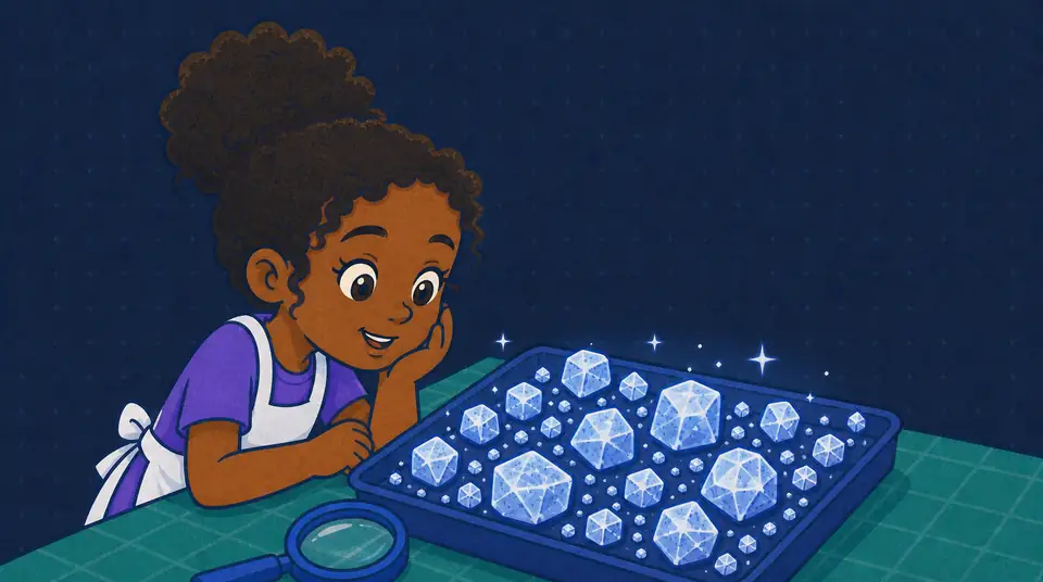 The same child studies a glowing collection of differently faceted crystals beside a magnifier.
