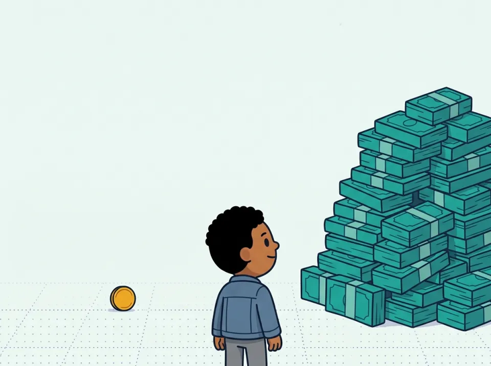 A child stands between a single tiny gold penny lying alone on the ground and an enormous towering pile of teal money stacks looming beside them.