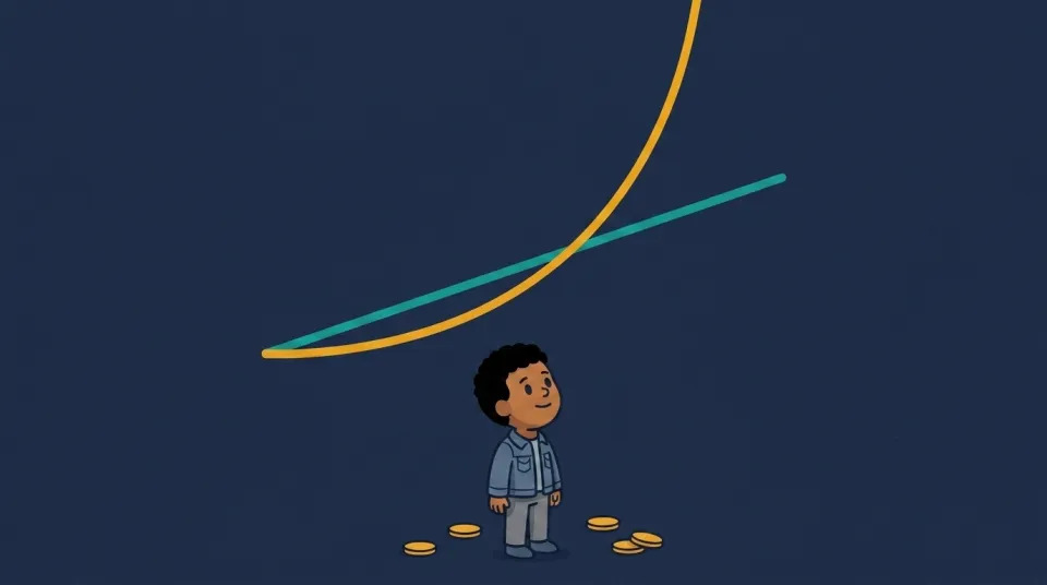 On a dusk-blue sky a straight teal ramp line rises steadily while a gold curve bends upward and rockets past it, as a child watches with wonder.