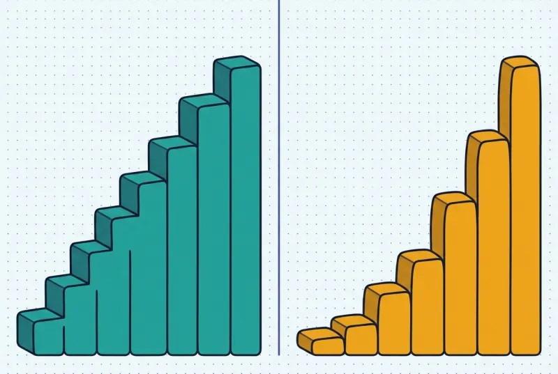 Two panels: on the left teal blocks rise in an even straight staircase, on the right gold blocks start tiny and each is taller than the last so their tops bend upward to the same finish height.
