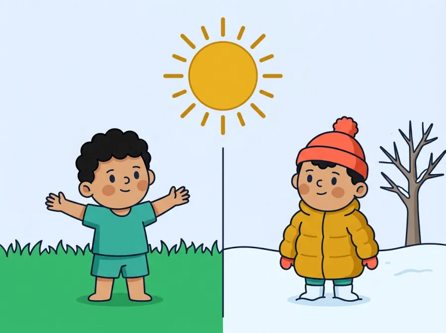 The same child stands in the same backyard under the same golden sun, split down the middle: on the left it is green summer and the child wears a t-shirt, on the right it is snowy winter and the child wears a coat and hat.