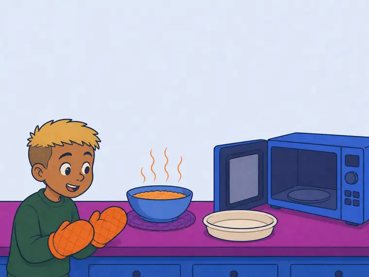 A child in oven mitts looks from a steaming bowl to its plain ceramic dish beside an open microwave.