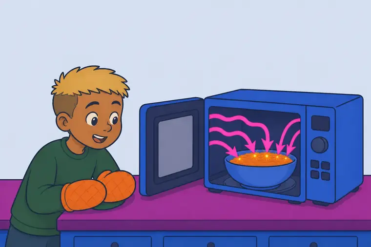A child watches thick magenta wavy arrows travel from the microwave chamber into food, where orange energy sparks appear.