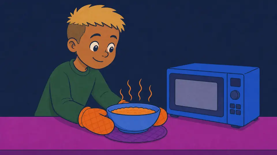 The same child sets a warm bowl safely on a mat while the microwave rests behind it.