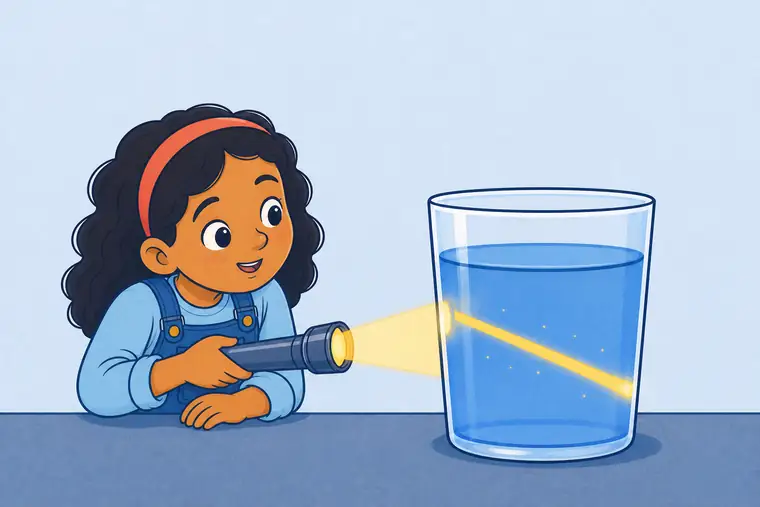 A child shines a narrow golden flashlight beam diagonally through the side of a clear water tank.