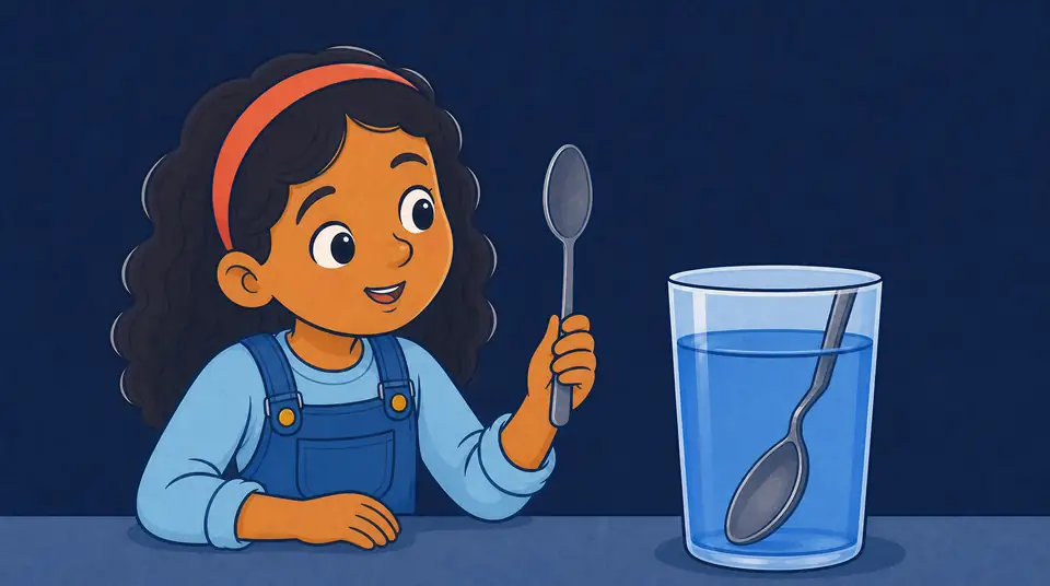 The same child lifts the perfectly straight spoon from the water and compares it with the bent-looking view through the water-filled glass.