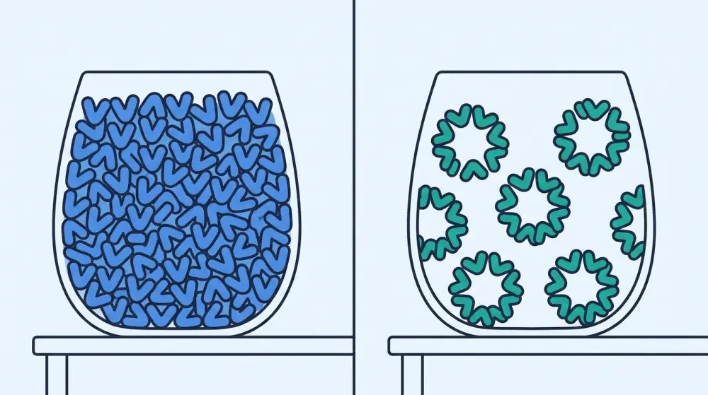 Two identical cups side by side: the left cup is packed completely full of blue water bits, while the right cup holds far fewer teal bits arranged in open six-sided rings with empty holes.