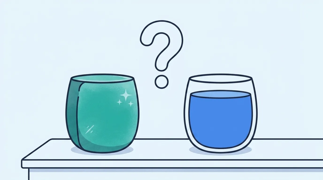 Two identical cups sit side by side on a table, not on any scale: one is a frosty block of teal ice, the other holds liquid blue water, with a big question mark floating above them.