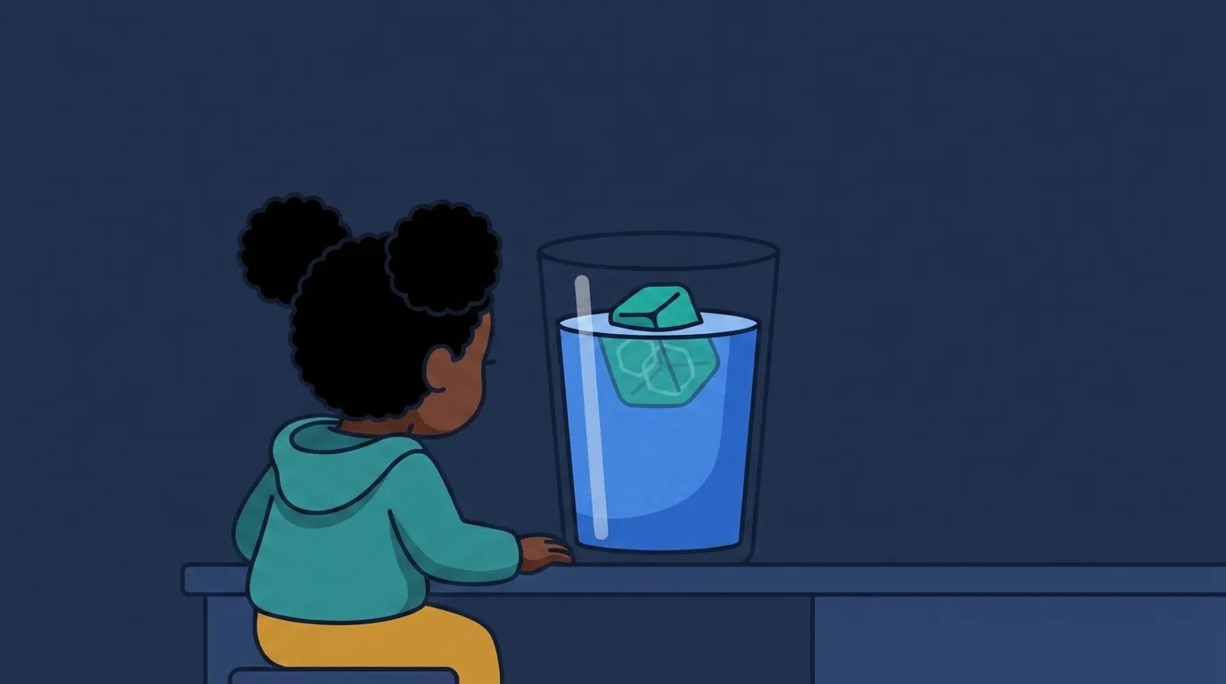 At dusk a child gazes at a glass of blue water where a teal ice cube floats with a small part poking above the surface and most of it resting below, faint six-sided rings showing inside the cube.