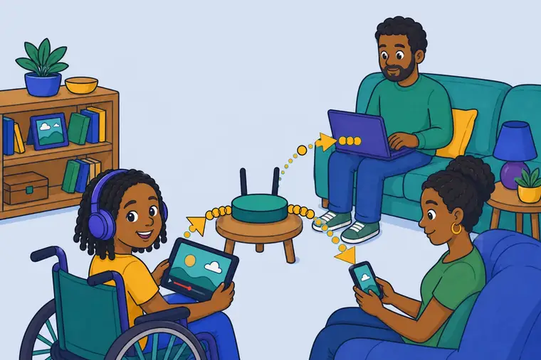 Three family devices wait on visible golden packet queues; arrowheads show one router sending a packet outward on one route at a time.