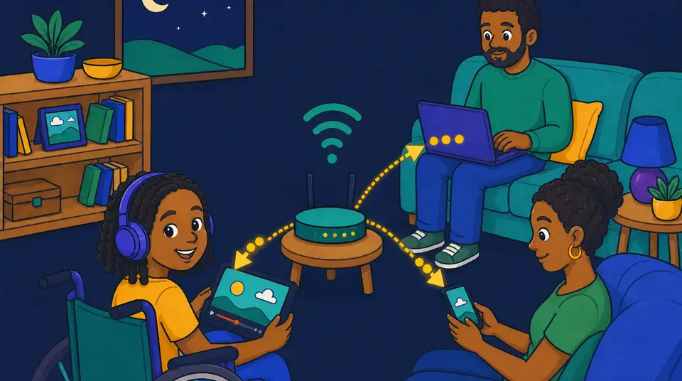 The same family receives equal groups of golden packets along three large arrowed routes from one router.