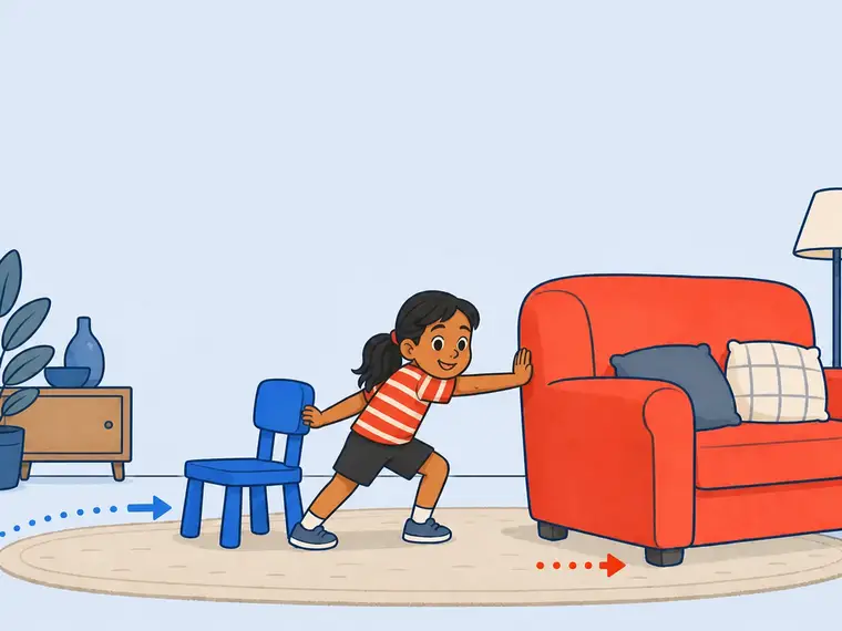 A child pushes a blue chair and coral couch to the right; a long blue arrow and short coral arrow show their different motion distances.