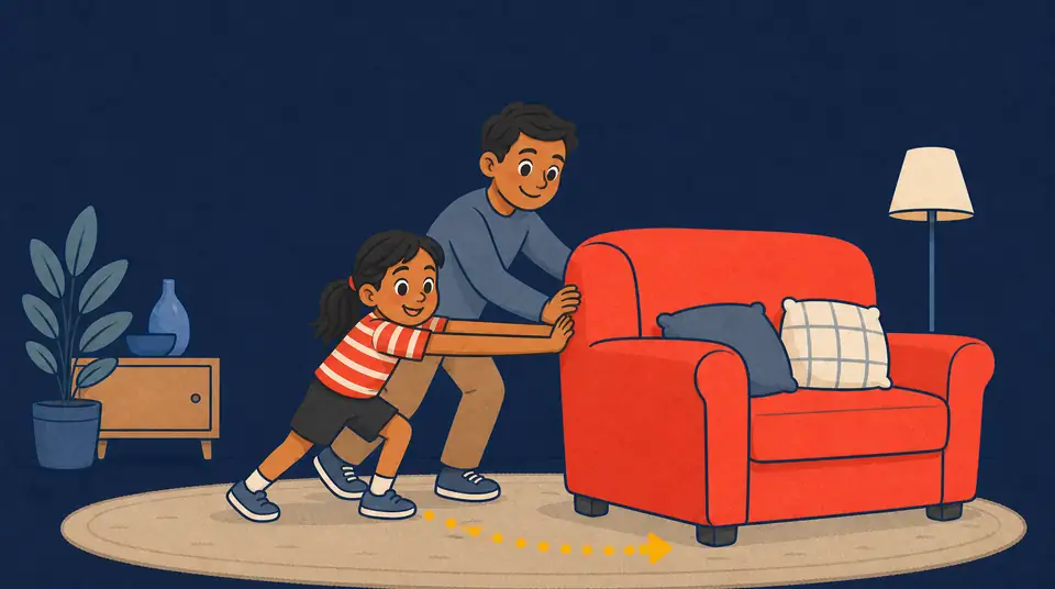 The same child moves the couch with a helper so their combined push is visibly larger.