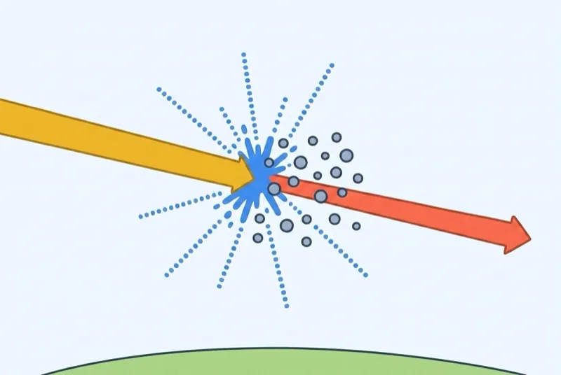 A golden sunbeam hits a cluster of tiny air specks: blue light splatters off them in every direction while a red beam passes straight through and keeps going.