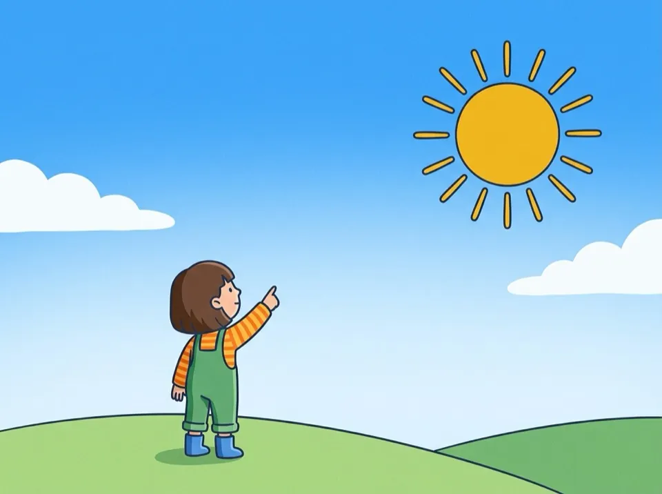 A child on a grassy hill points up at a big blue sky with a bright golden sun and fluffy clouds.