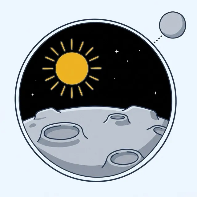 Inside a magnifying bubble: the grey cratered surface of the Moon under a pitch-black sky where the golden sun and stars shine at the same time.