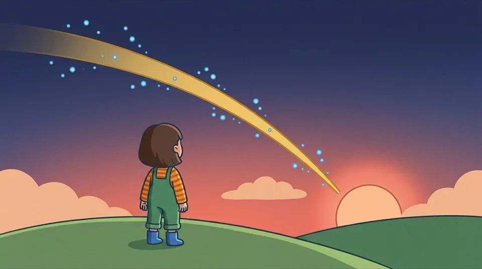 At sunset, the child watches a long golden beam cross the darkening sky, shedding little blue sparks all along its path and arriving red at the horizon.