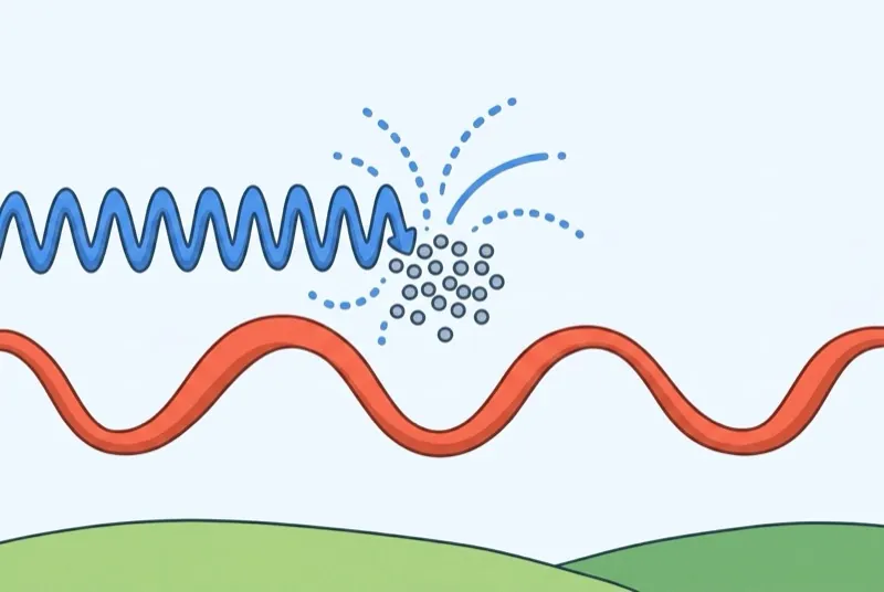 A small tight blue wave crashes into tiny specks and scatters in dotted arcs, while a big slow red wave below rolls straight past the same specks.