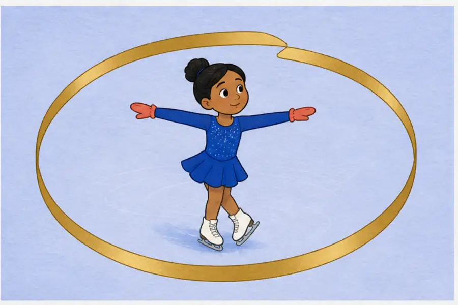 A skater turns inside one unbroken gold ring of spin.