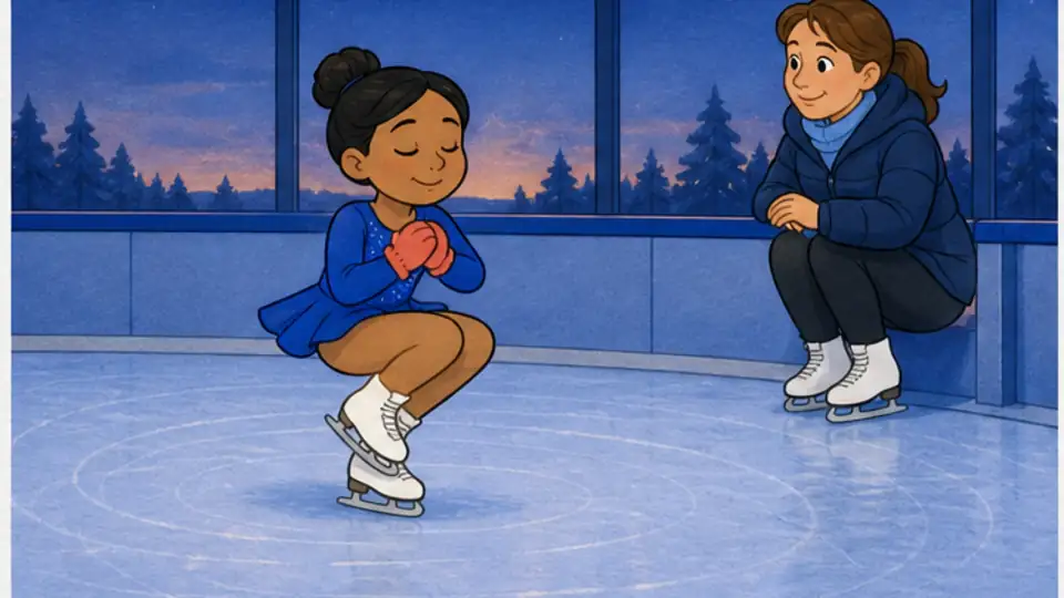 The same skater practices a compact spin while a coach watches.
