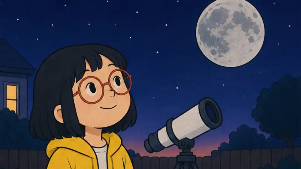 The same child watches the familiar Moon above a quiet yard.