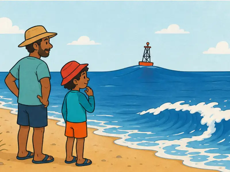 A child watches one smooth offshore swell and one foamy shore wave.