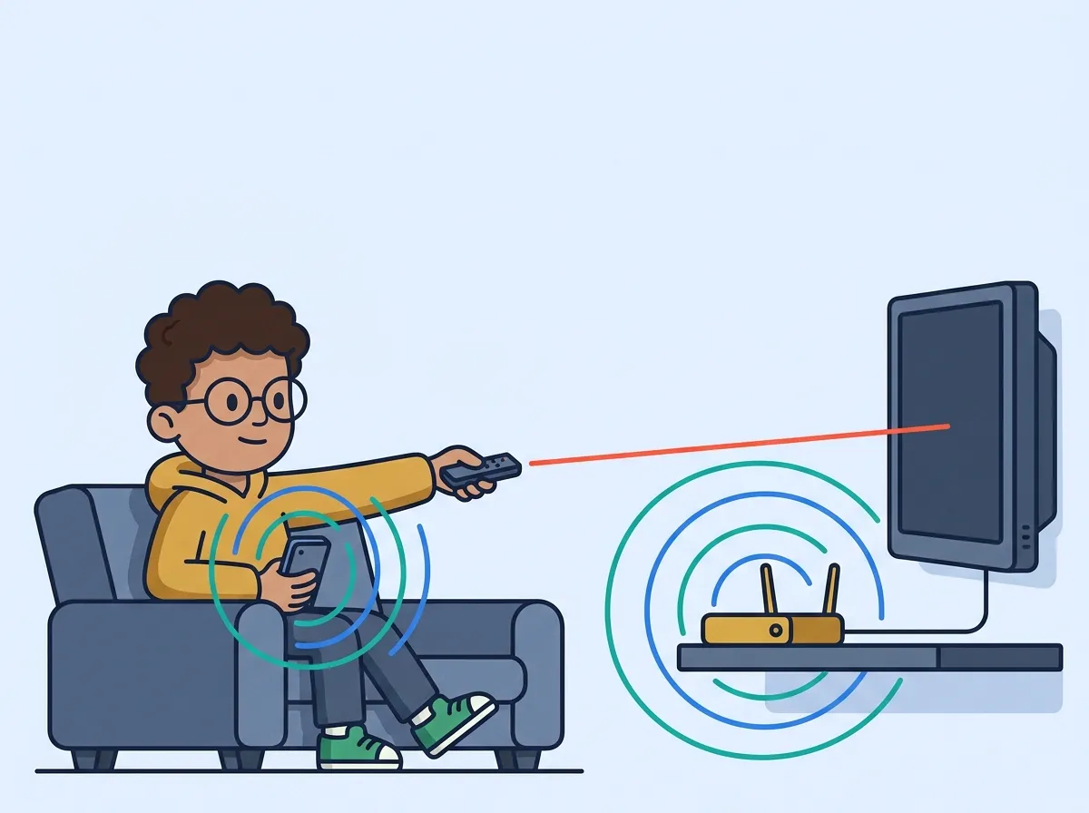 A kid on a couch aims a remote in a straight line at a TV while a phone sends teal and blue radio rings spreading out to a router on a shelf.