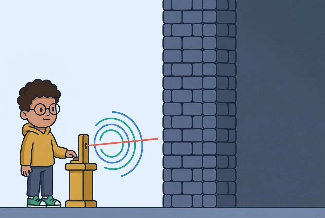 A kid and a sender on the left of a tall solid brick wall, with a red beam and teal and blue rings still approaching the wall and the far side hidden.